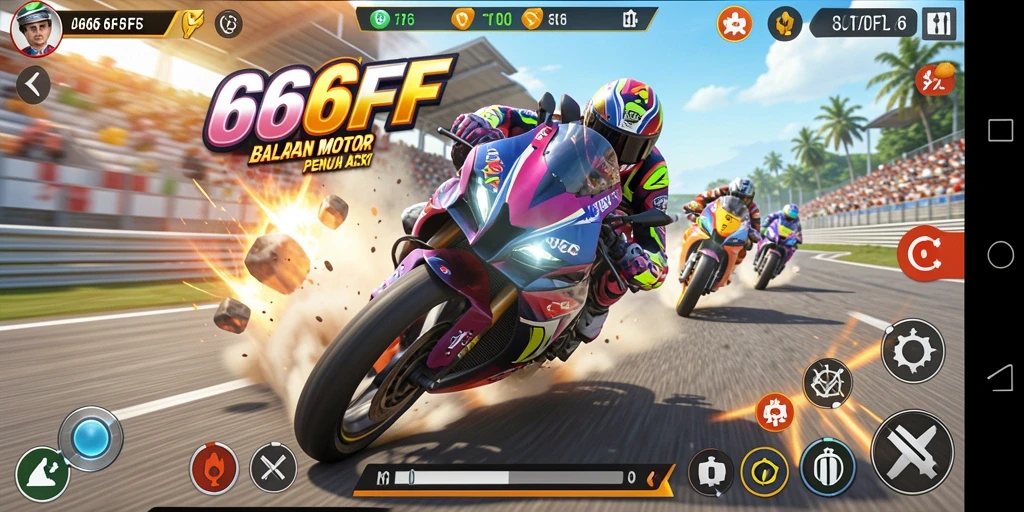 Tampilan gameplay seru di 666FF dengan motor balap yang mendebarkan.