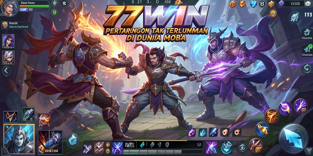 Tangkapan layar gameplay <strong>77WIN</strong> yang menunjukkan aksi pertempuran antar karakter MOBA.
