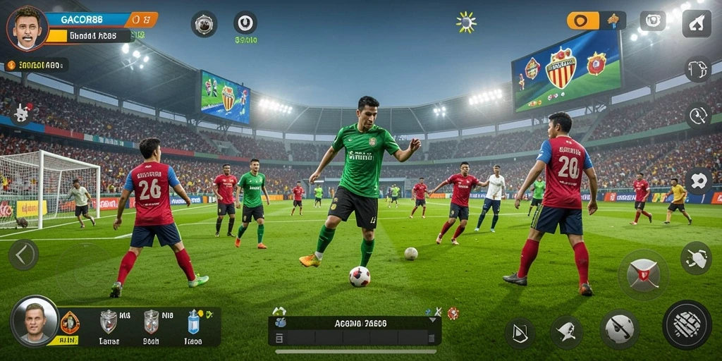 Tampilan gameplay menarik dalam GACOR88 dengan aksi sepak bola intens.