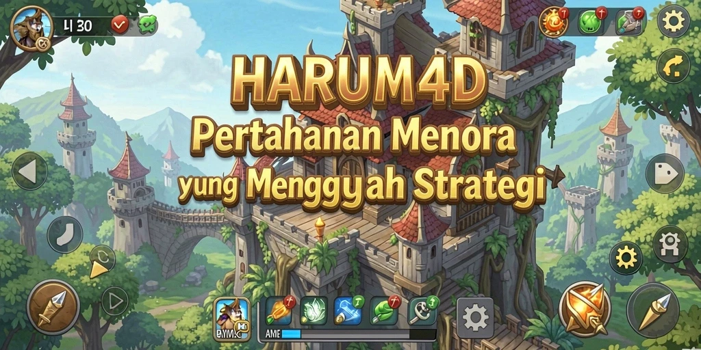Tampilan gameplay HARUM4D dengan menara dan musuh yang beragam.