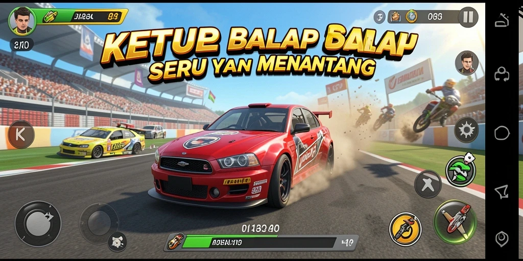 Screenshot menunjukkan gameplay balap yang intens dan penuh aksi.