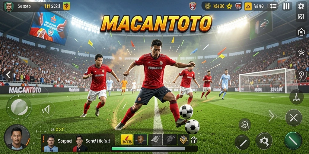Screenshot menampilkan pertandingan sepak bola yang intens dan penuh aksi.