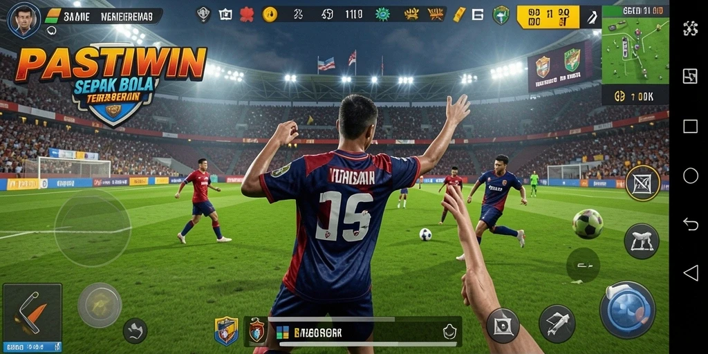 Screenshot PASTIWIN menampilkan aksi seru di lapangan sepak bola.