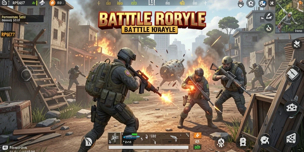 Screenshot RP6677 menampilkan aksi pertempuran seru Battle Royale.
