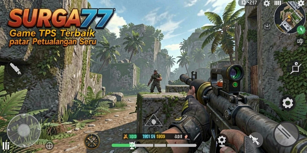 Tampilan gameplay SURGA77 menampilkan aksi tembak-menembak seru.